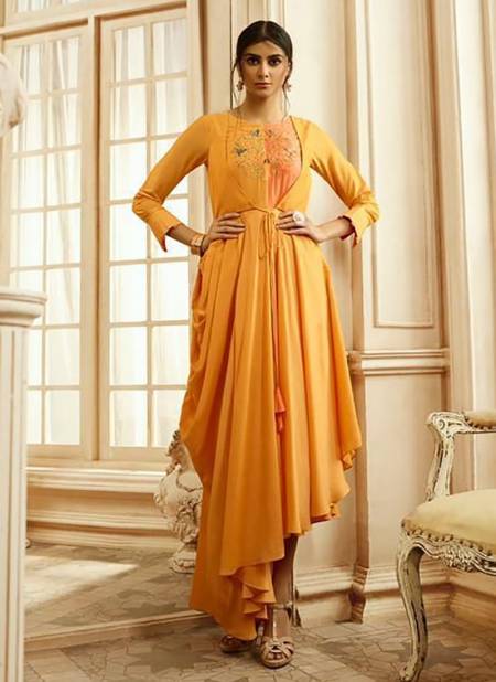 Yellow Stylish Gown Designer Party Wear Pure Rayon Cotton Fancy Long Kurti Collection 1004